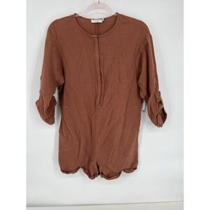 Lush Brown Mauve Roll Tab 3/4 Sleeves One Piece Romper Shorts Womens Sz S